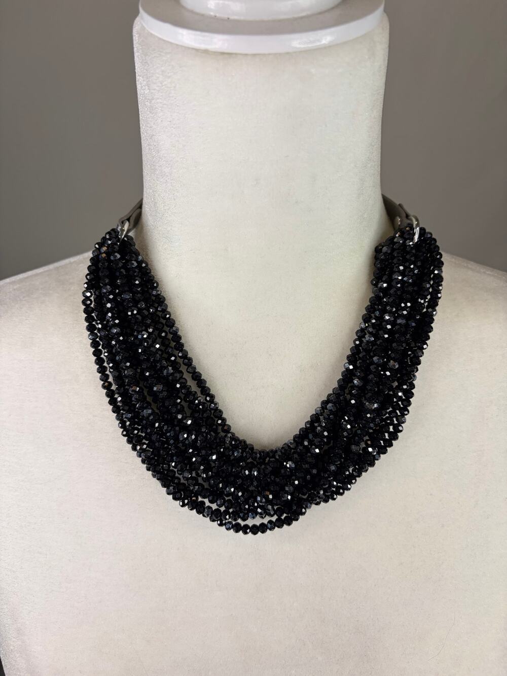 Chico's Sparkling Black Beaded Multi-Strand Chocker Necklace NEW on Silver tone